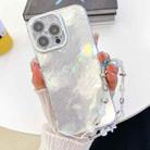 For iPhone 16 Pro Plating Glitter Texture Chain Wristband TPU Phone Case with Lens Film(White Tinfoil Texture) - 1