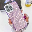 For iPhone 15 Plating Glitter Texture Chain Wristband TPU Phone Case with Lens Film(Purple Water Ripples) - 1