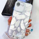 For iPhone 16e Plating Glitter Texture Chain Wristband TPU Phone Case with Lens Film(White Feathers) - 1