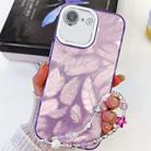 For iPhone 16e Plating Glitter Texture Chain Wristband TPU Phone Case with Lens Film(Purple Feathers) - 1