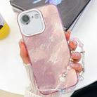 For iPhone 16e Plating Glitter Texture Chain Wristband TPU Phone Case with Lens Film(Pink Tinfoil Texture) - 1