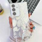 For Samsung Galaxy A55 5G Plating Glitter Texture Chain Wristband TPU Phone Case with Lens Film(White Feathers) - 1