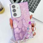 For Samsung Galaxy A55 5G Plating Glitter Texture Chain Wristband TPU Phone Case with Lens Film(Purple Feathers) - 1
