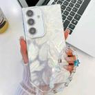 For Samsung GalaxyA36 5G Plating Glitter Texture Chain Wristband TPU Phone Case with Lens Film(White Feathers) - 1