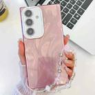 For Samsung Galaxy S25 5G Plating Glitter Texture Chain Wristband TPU Phone Case with Lens Film(Pink Feather Yarn) - 1