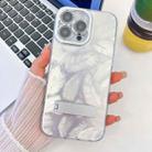 For iPhone 16 Pro Plating Glitter Texture Fold Holder TPU Phone Case with Lens Film(White Feathers) - 1