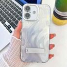 For iPhone 16 Plus Plating Glitter Texture Fold Holder TPU Phone Case with Lens Film(White Feather Yarn) - 1