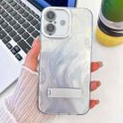 For iPhone 16 Plating Glitter Texture Fold Holder TPU Phone Case with Lens Film(White Feather Yarn) - 1