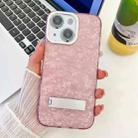 For iPhone 15 Plating Glitter Texture Fold Holder TPU Phone Case with Lens Film(Pink Shell Pattern) - 1