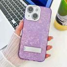 For iPhone 15 Plating Glitter Texture Fold Holder TPU Phone Case with Lens Film(Purple Shell Pattern) - 1