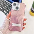 For iPhone 14 Plating Glitter Texture Fold Holder TPU Phone Case with Lens Film(Pink Feather Yarn) - 1