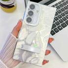 For Samsung Galaxy A35 5G Plating Glitter Texture Fold Holder TPU Phone Case with Lens Film(White Feathers) - 1