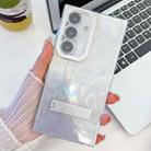 For Samsung Galaxy S24+ 5G Plating Glitter Texture Fold Holder TPU Phone Case with Lens Film(White Feather Yarn) - 1