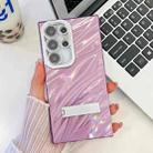 For Samsung Galaxy S23 Ultra 5G Plating Glitter Texture Fold Holder TPU Phone Case with Lens Film(Purple Water Ripples) - 1