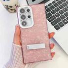 For Samsung Galaxy S23 Ultra 5G Plating Glitter Texture Fold Holder TPU Phone Case with Lens Film(Pink Shell Pattern) - 1