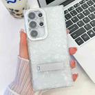 For Samsung Galaxy S25 Ultra 5G Plating Glitter Texture Fold Holder TPU Phone Case with Lens Film(White Shell Pattern) - 1