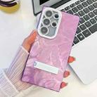 For Samsung Galaxy S25 Ultra 5G Plating Glitter Texture Fold Holder TPU Phone Case with Lens Film(Purple Feathers) - 1