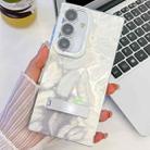 For Samsung Galaxy A16 5G Plating Glitter Texture Fold Holder TPU Phone Case with Lens Film(White Feathers) - 1