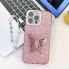 For iPhone 16 Pro Max Plating Glitter Lens Film Texture Butterfly Holder Wristband Phone Case(Pink Shell Pattern) - 1