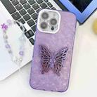 For iPhone 16 Pro Max Plating Glitter Lens Film Texture Butterfly Holder Wristband Phone Case(Purple Shell Pattern) - 1