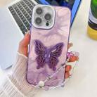 For iPhone 16 Pro Max Plating Glitter Lens Film Texture Butterfly Holder Wristband Phone Case(Purple Feathers) - 1