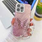 For iPhone 16 Pro Max Plating Glitter Lens Film Texture Butterfly Holder Wristband Phone Case(Pink Feather Yarn) - 1