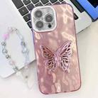 For iPhone 16 Pro Max Plating Glitter Lens Film Texture Butterfly Holder Wristband Phone Case(Pink Wrinkles) - 1