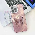 For iPhone 16 Pro Max Plating Glitter Lens Film Texture Butterfly Holder Wristband Phone Case(Pink Tinfoil Texture) - 1