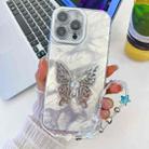 For iPhone 16 Pro Plating Glitter Lens Film Texture Butterfly Holder Wristband Phone Case(White Feathers) - 1