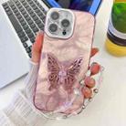 For iPhone 16 Pro Plating Glitter Lens Film Texture Butterfly Holder Wristband Phone Case(Pink Feathers) - 1