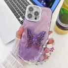 For iPhone 16 Pro Plating Glitter Lens Film Texture Butterfly Holder Wristband Phone Case(Purple Feather Yarn) - 1