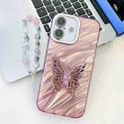 For iPhone 16 Plus Plating Glitter Lens Film Texture Butterfly Holder Wristband Phone Case(Pink Water Ripples) - 1