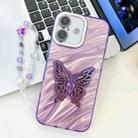 For iPhone 16 Plus Plating Glitter Lens Film Texture Butterfly Holder Wristband Phone Case(Purple Water Ripples) - 1