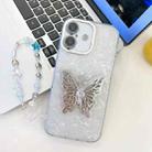 For iPhone 16 Plus Plating Glitter Lens Film Texture Butterfly Holder Wristband Phone Case(White Shell Pattern) - 1