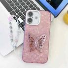 For iPhone 16 Plus Plating Glitter Lens Film Texture Butterfly Holder Wristband Phone Case(Pink Shell Pattern) - 1