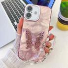 For iPhone 16 Plus Plating Glitter Lens Film Texture Butterfly Holder Wristband Phone Case(Pink Feathers) - 1