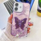 For iPhone 16 Plus Plating Glitter Lens Film Texture Butterfly Holder Wristband Phone Case(Purple Feathers) - 1