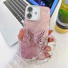 For iPhone 16 Plus Plating Glitter Lens Film Texture Butterfly Holder Wristband Phone Case(Pink Feather Yarn) - 1