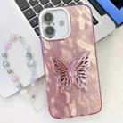 For iPhone 16 Plus Plating Glitter Lens Film Texture Butterfly Holder Wristband Phone Case(Pink Wrinkles) - 1