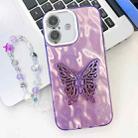 For iPhone 16 Plus Plating Glitter Lens Film Texture Butterfly Holder Wristband Phone Case(Purple Wrinkles) - 1