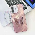 For iPhone 16 Plus Plating Glitter Lens Film Texture Butterfly Holder Wristband Phone Case(Pink Tinfoil Texture) - 1