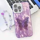 For iPhone 15 Pro Plating Glitter Lens Film Texture Butterfly Holder Wristband Phone Case(Purple Wrinkles) - 1