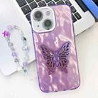 For iPhone 15 Plating Glitter Lens Film Texture Butterfly Holder Wristband Phone Case(Purple Wrinkles) - 1