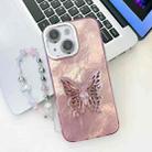 For iPhone 15 Plating Glitter Lens Film Texture Butterfly Holder Wristband Phone Case(Pink Tinfoil Texture) - 1