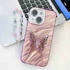 For iPhone 14 Plating Glitter Lens Film Texture Butterfly Holder Wristband Phone Case(Pink Water Ripples) - 1