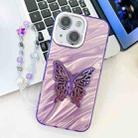 For iPhone 14 Plating Glitter Lens Film Texture Butterfly Holder Wristband Phone Case(Purple Water Ripples) - 1