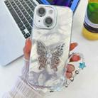 For iPhone 14 Plating Glitter Lens Film Texture Butterfly Holder Wristband Phone Case(White Feathers) - 1