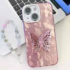 For iPhone 14 Plating Glitter Lens Film Texture Butterfly Holder Wristband Phone Case(Pink Wrinkles) - 1