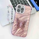 For iPhone 14 Pro Plating Glitter Lens Film Texture Butterfly Holder Wristband Phone Case(Pink Water Ripples) - 1