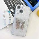 For iPhone 13 Plating Glitter Lens Film Texture Butterfly Holder Wristband Phone Case(White Shell Pattern) - 1